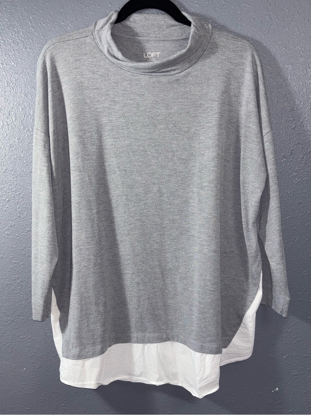 LOFT Grey Tunic Sweater with White Shirt Hem